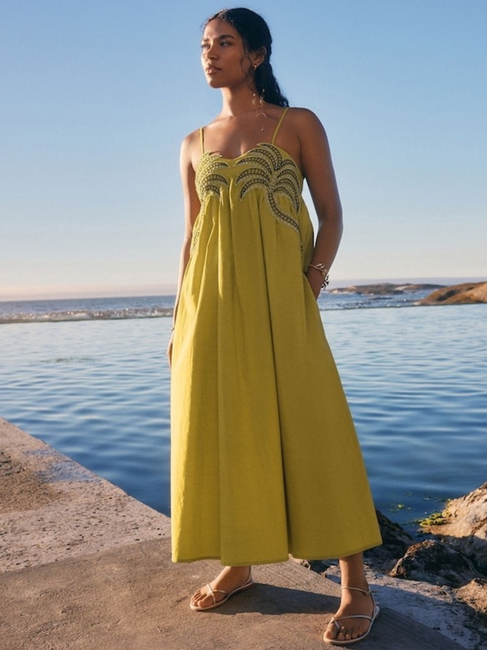 Lime Green Embroidered Palm Midi Dress